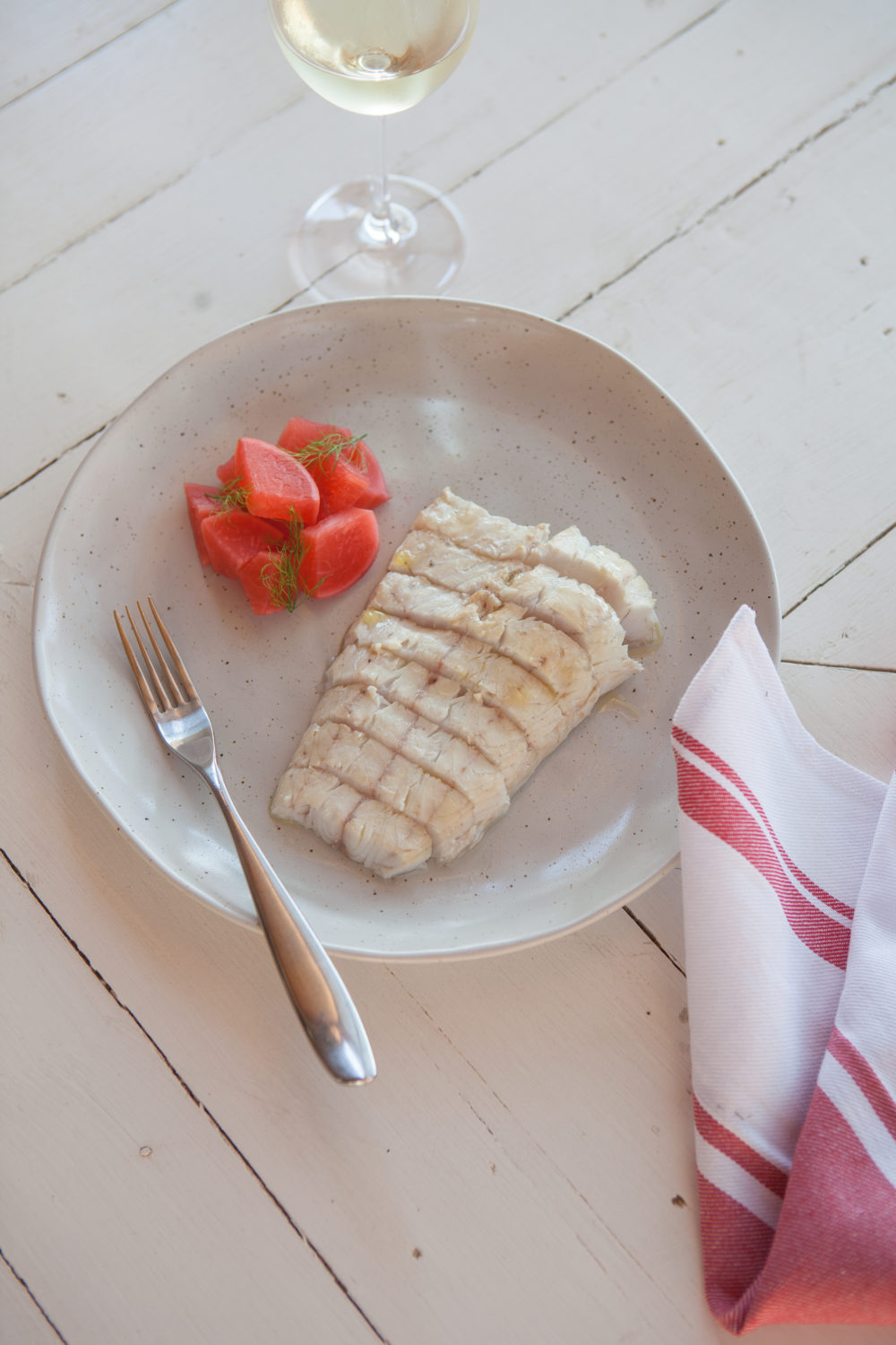 Smoked Aquna cod with pickled radishes