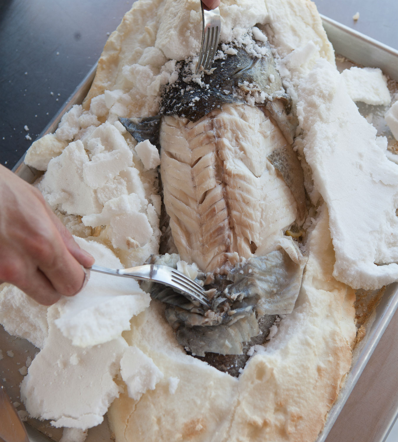 Salt-baked whole Aquna cod