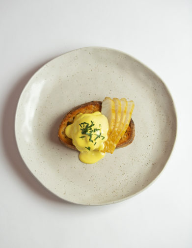 Eggs Aquna – Smoked Aquna Murray Cod, sourdough, poached egg, hollandaise