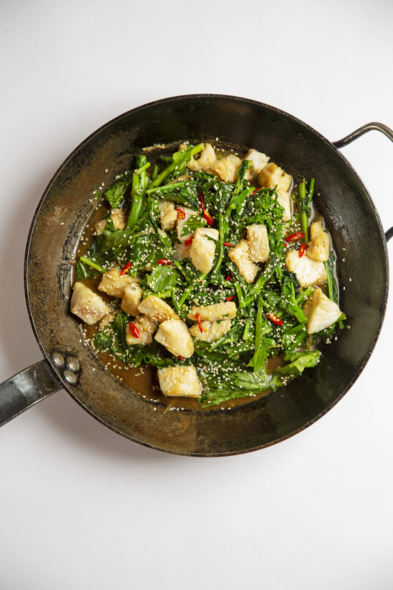 Stir fried rapini with Aquna Murray Cod and sesame